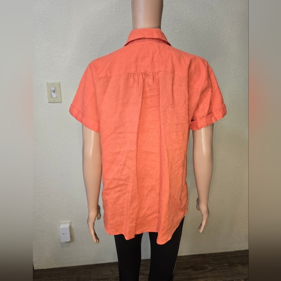 J. Jill Womens Size Medium Orange Short Sleeve 100 % Linen Button Up Blouse - Picture 4 of 9